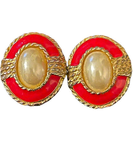 Vintage gold tone red enamel faux pearl earrings pierced