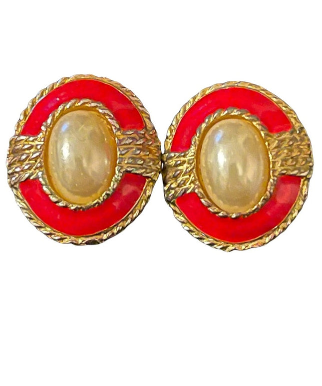 Vintage gold tone red enamel faux pearl earrings pierced