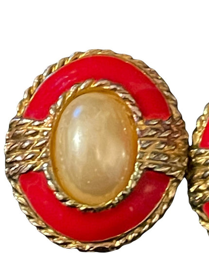 Vintage gold tone red enamel faux pearl earrings pierced