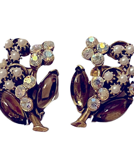 Vintage brown glass faux pearl & crystal gold finish clip on earrings