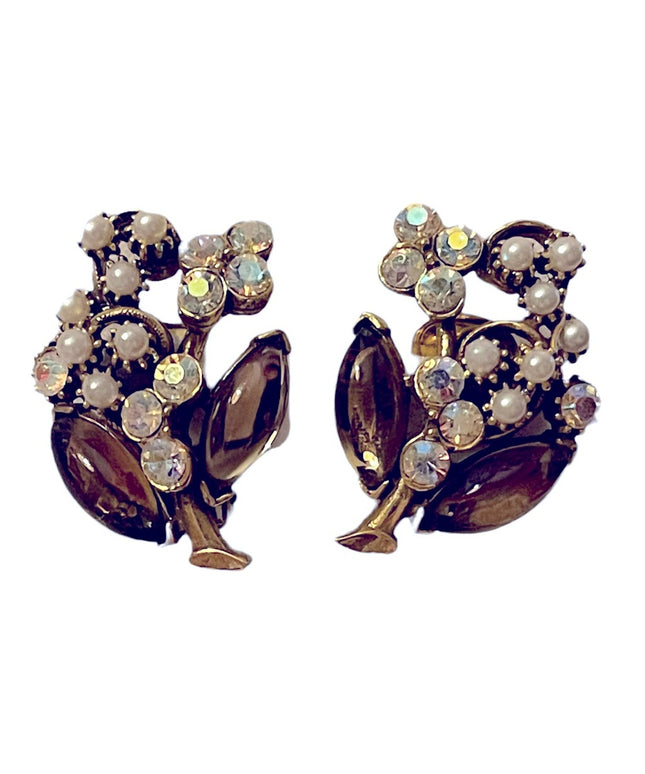 Vintage brown glass faux pearl & crystal gold finish clip on earrings