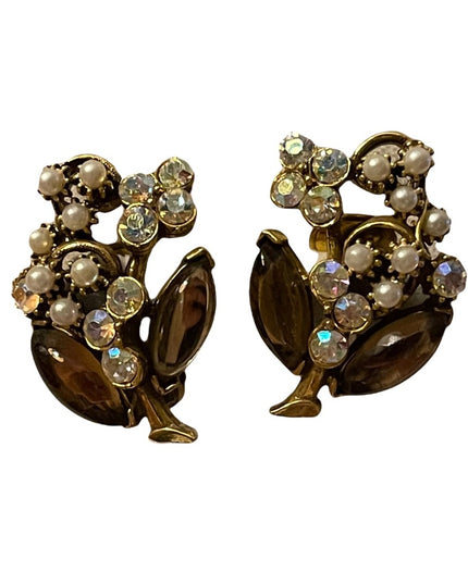Vintage brown glass faux pearl & crystal gold finish clip on earrings