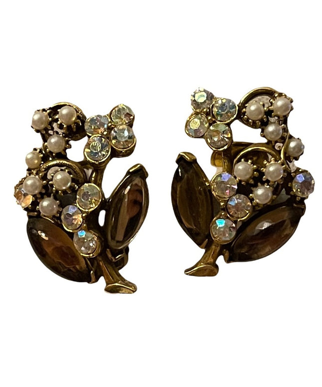 Vintage brown glass faux pearl & crystal gold finish clip on earrings