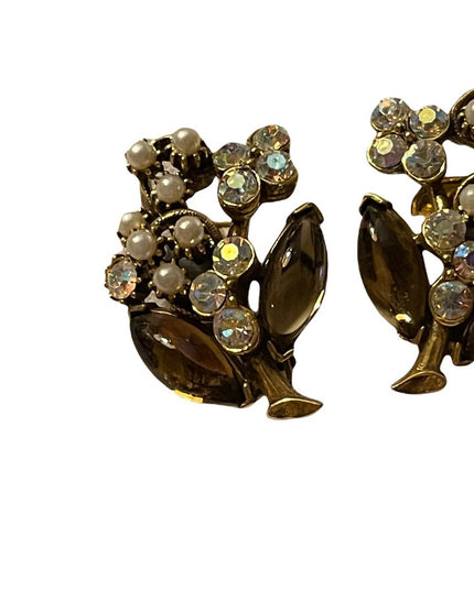 Vintage brown glass faux pearl & crystal gold finish clip on earrings