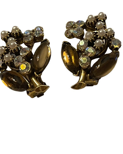 Vintage brown glass faux pearl & crystal gold finish clip on earrings