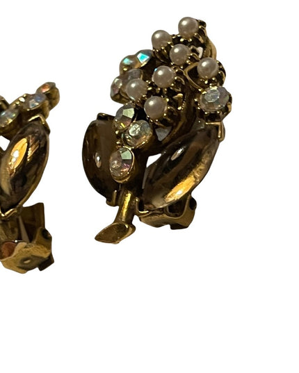 Vintage brown glass faux pearl & crystal gold finish clip on earrings