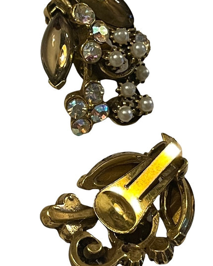 Vintage brown glass faux pearl & crystal gold finish clip on earrings