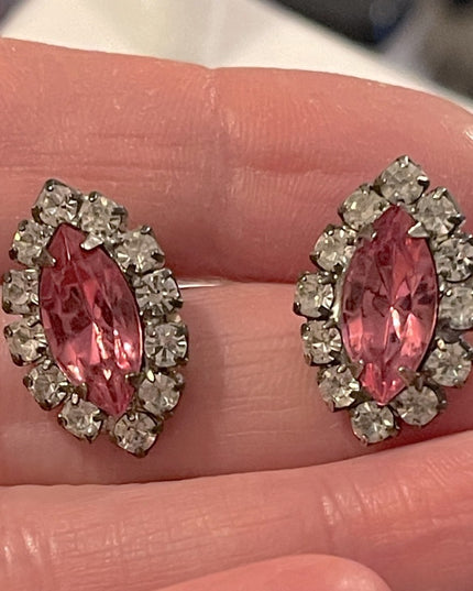 Vintage pink & clear crystal pierced earrings silver finish