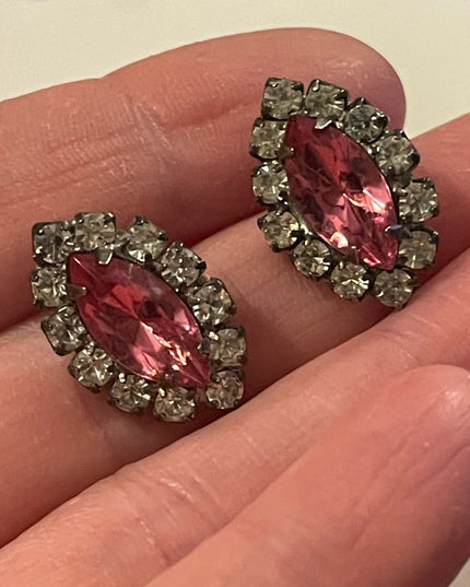 Vintage pink & clear crystal pierced earrings silver finish