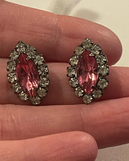 Vintage pink & clear crystal pierced earrings silver finish