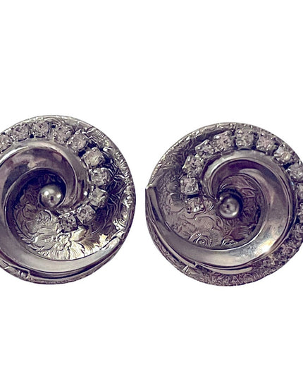 Vintage silver finish crystal spiral chunky clip on round earrings