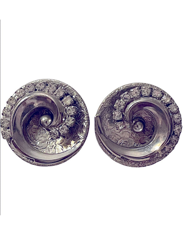 Vintage silver finish crystal spiral chunky clip on round earrings