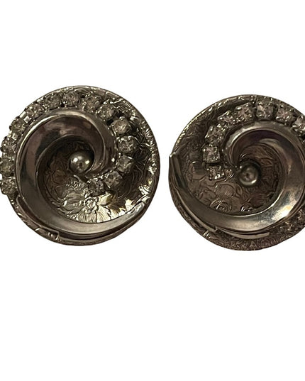Vintage silver finish crystal spiral chunky clip on round earrings