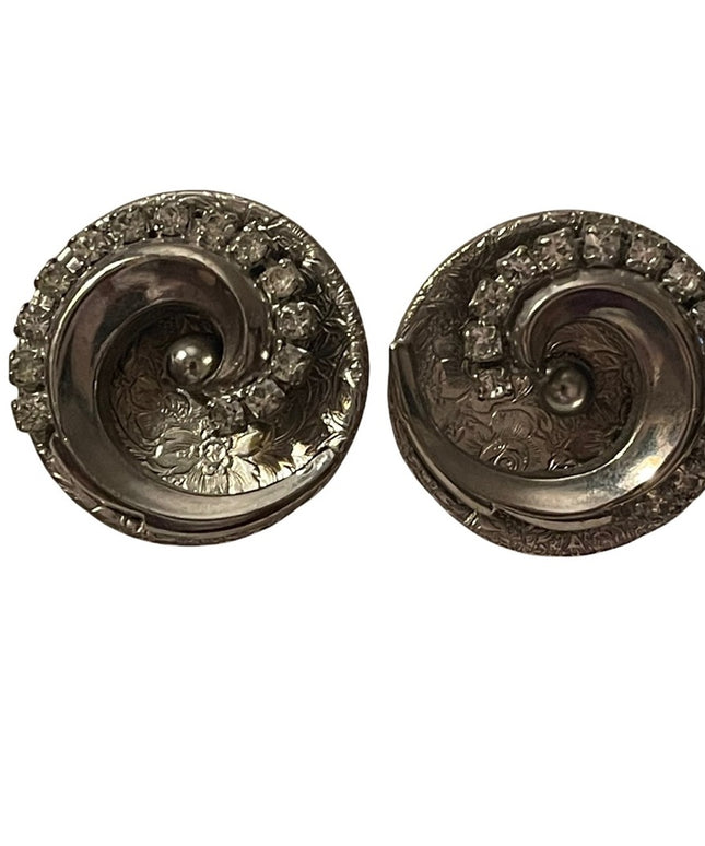 Vintage silver finish crystal spiral chunky clip on round earrings