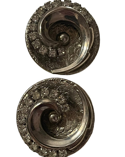 Vintage silver finish crystal spiral chunky clip on round earrings