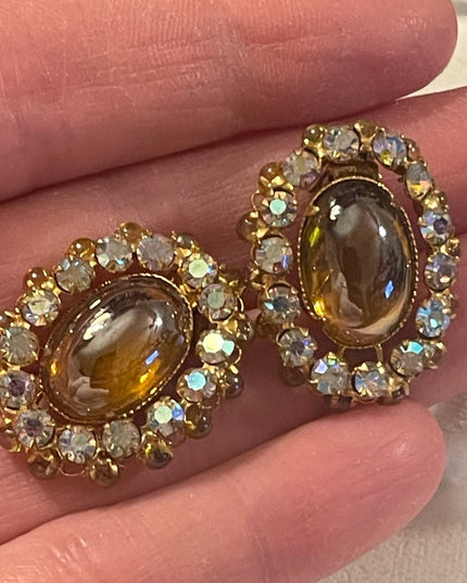 Vintage Golden oval glass with ab crystals TRIAD clip on earrings