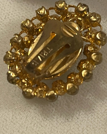 Vintage Golden oval glass with ab crystals TRIAD clip on earrings