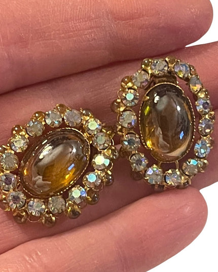 Vintage Golden oval glass with ab crystals TRIAD clip on earrings