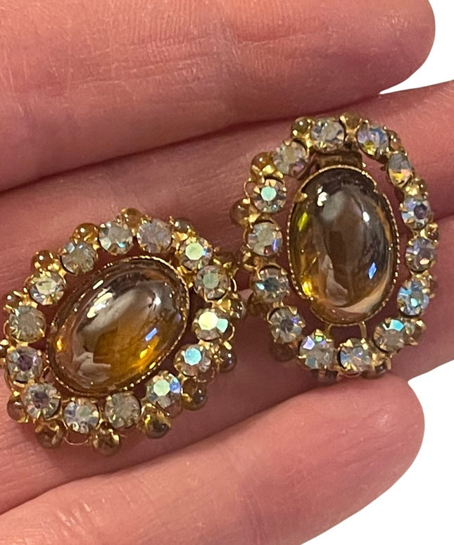 Vintage Golden oval glass with ab crystals TRIAD clip on earrings