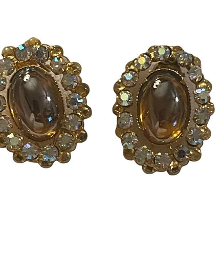 Vintage Golden oval glass with ab crystals TRIAD clip on earrings