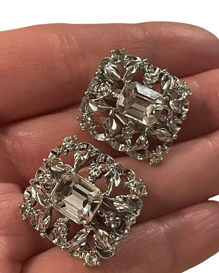 Silver tone ornate clear crystal fancy square clip on earrings