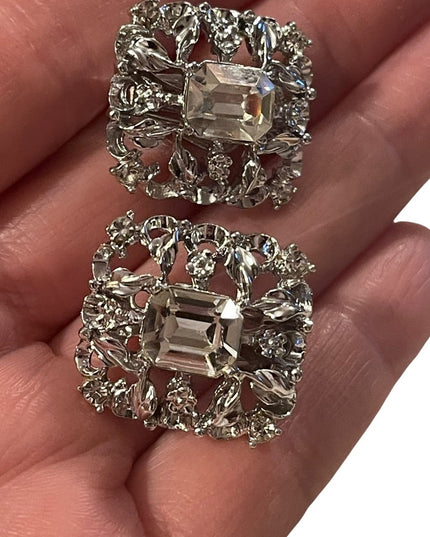 Silver tone ornate clear crystal fancy square clip on earrings
