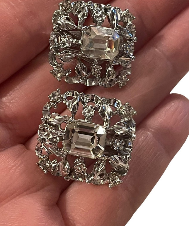 Silver tone ornate clear crystal fancy square clip on earrings
