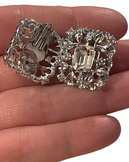 Silver tone ornate clear crystal fancy square clip on earrings