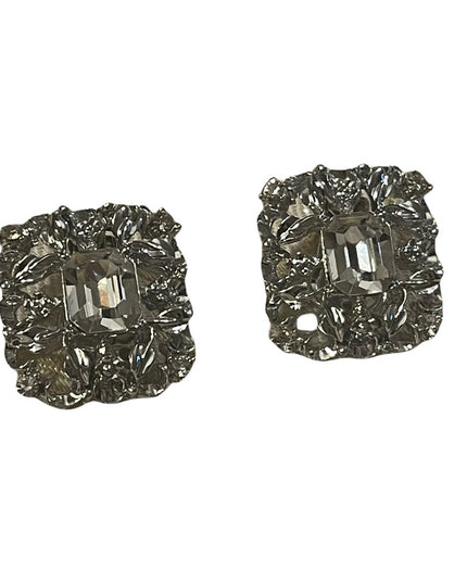 Silver tone ornate clear crystal fancy square clip on earrings
