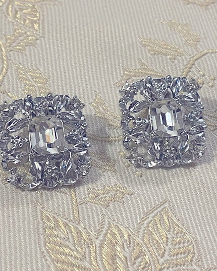 Silver tone ornate clear crystal fancy square clip on earrings