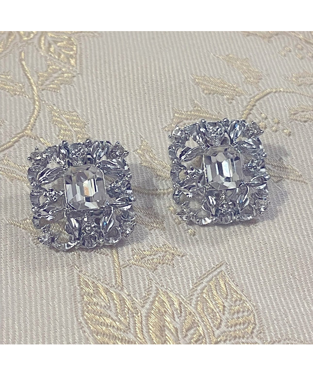 Silver tone ornate clear crystal fancy square clip on earrings
