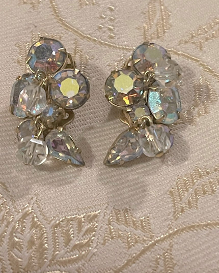 Vintage Kramer gold finish AB crystal Clip on fancy earrings