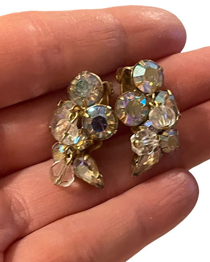 Vintage Kramer gold finish AB crystal Clip on fancy earrings
