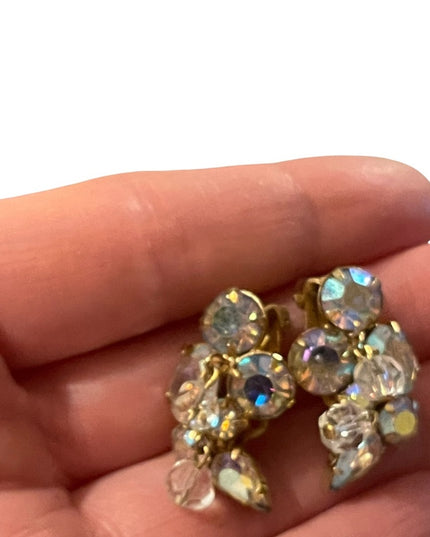 Vintage Kramer gold finish AB crystal Clip on fancy earrings