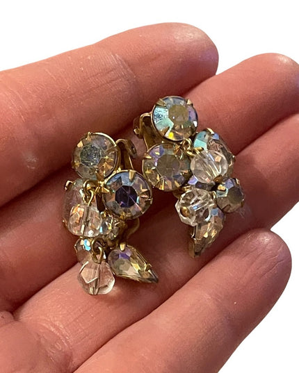 Vintage Kramer gold finish AB crystal Clip on fancy earrings