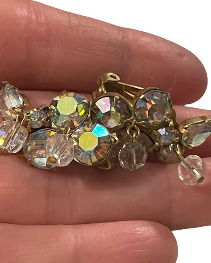 Vintage Kramer gold finish AB crystal Clip on fancy earrings