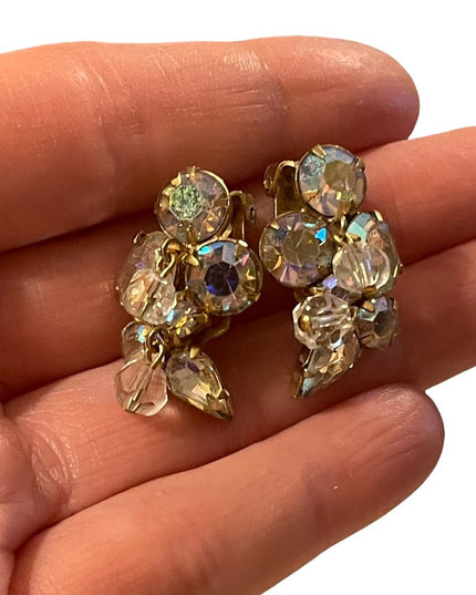Vintage Kramer gold finish AB crystal Clip on fancy earrings