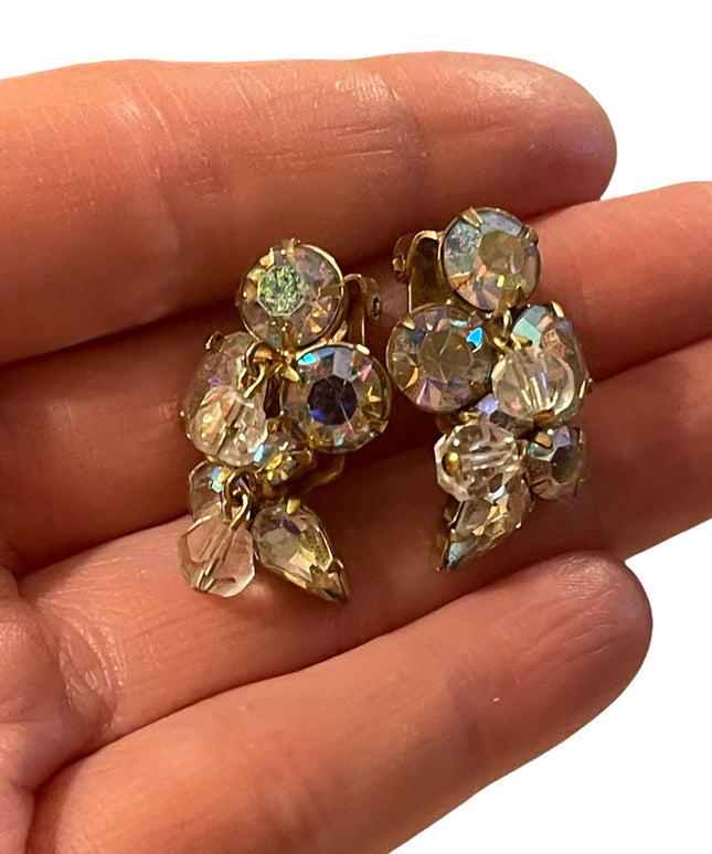 Vintage Kramer gold finish AB crystal Clip on fancy earrings