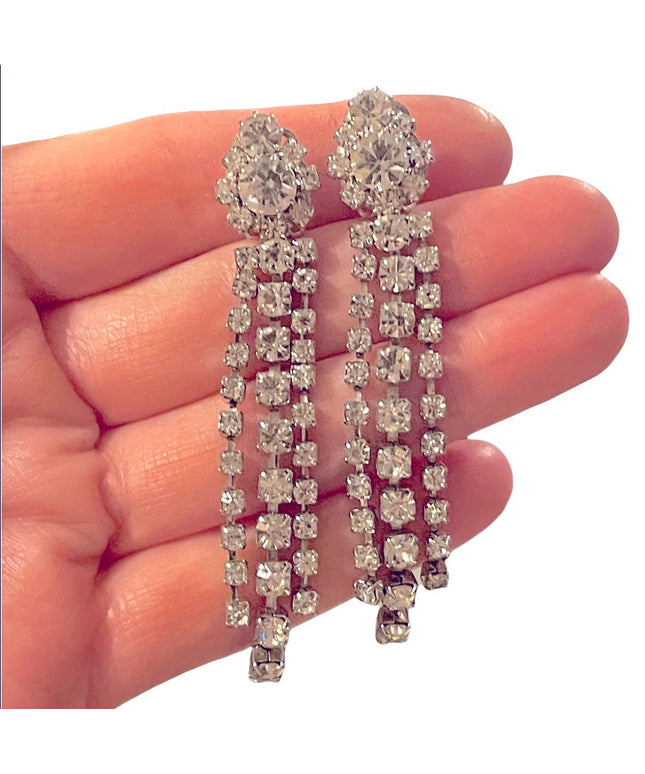 Vintage silver tone Crystal dangle party earrings