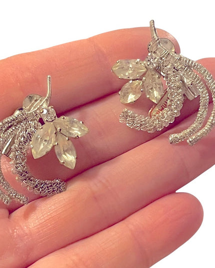 Vintage Germany Silver crystal flower vine fancy ornate clip on earrings NWT