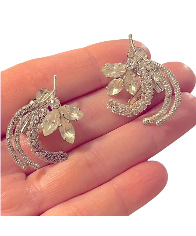 Vintage Germany Silver crystal flower vine fancy ornate clip on earrings NWT