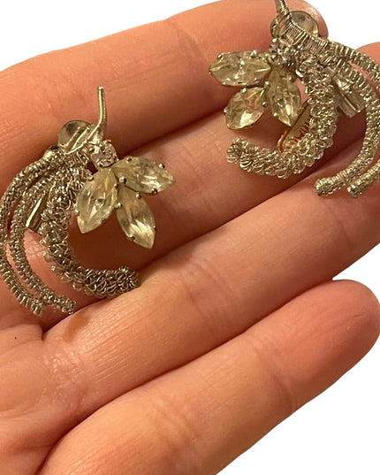 Vintage Germany Silver crystal flower vine fancy ornate clip on earrings NWT