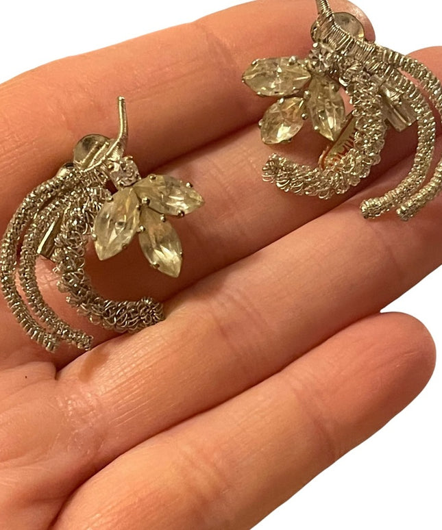 Vintage Germany Silver crystal flower vine fancy ornate clip on earrings NWT