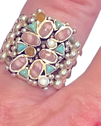 Barse sterling silver 925 Multi gemstone & pearl chunky ornate ring