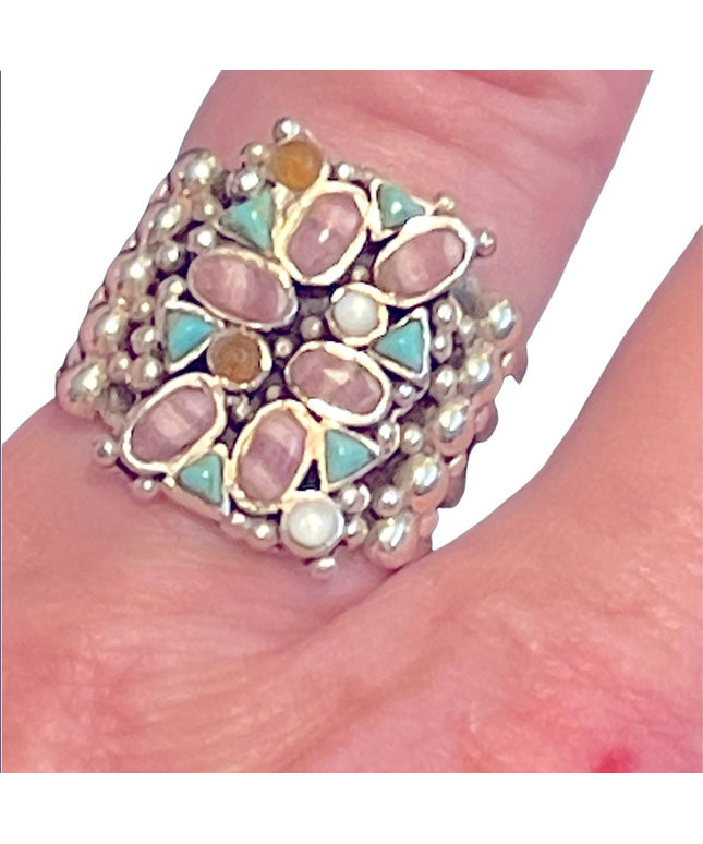Barse sterling silver 925 Multi gemstone & pearl chunky ornate ring