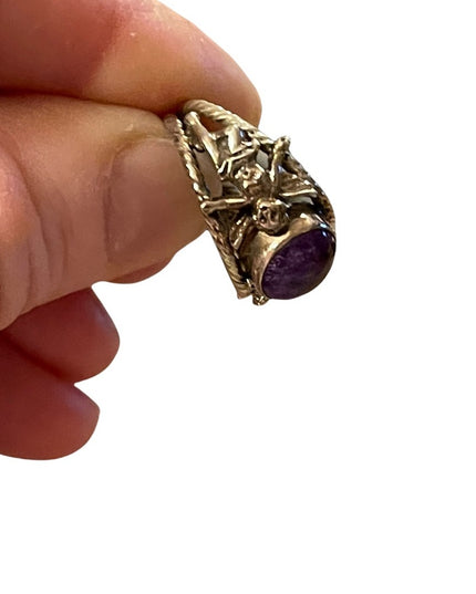 Vintage sterling silver 925 Angels cherubs amethyst fancy ring
