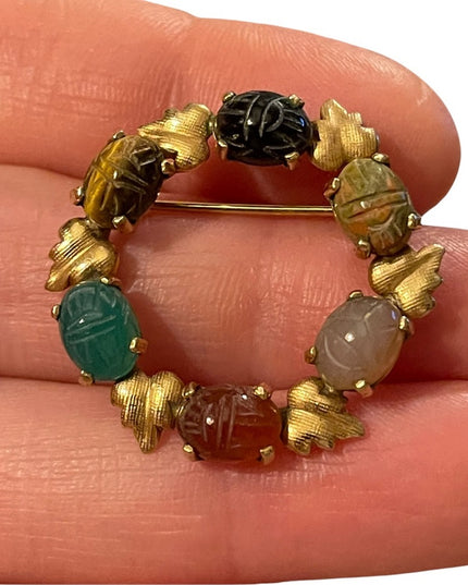 Vintage 12k GF fold filled scarab leaf real stone brooch