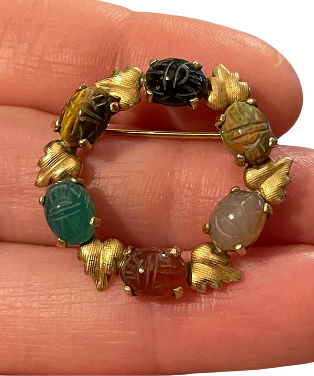 Vintage 12k GF fold filled scarab leaf real stone brooch