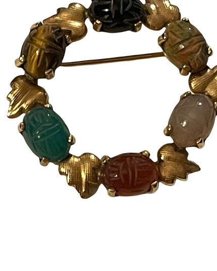 Vintage 12k GF fold filled scarab leaf real stone brooch