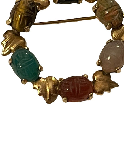 Vintage 12k GF fold filled scarab leaf real stone brooch